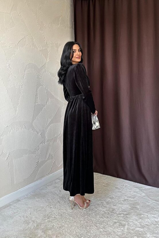 munn collection Siyah Göğüs Altı Taşlı Elbise