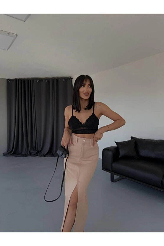 Kadın Gabardin Önden Yırtmaçlı Kahverengi Uzun Etek