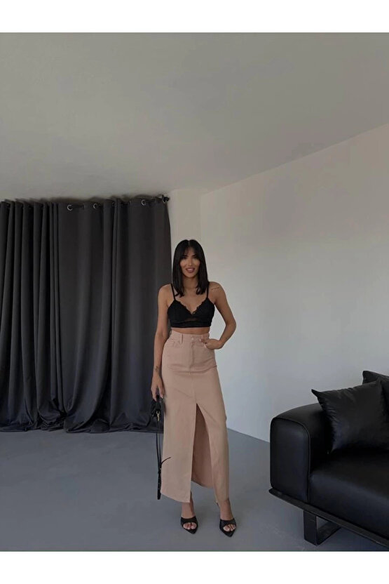 Kadın Gabardin Önden Yırtmaçlı Kahverengi Uzun Etek