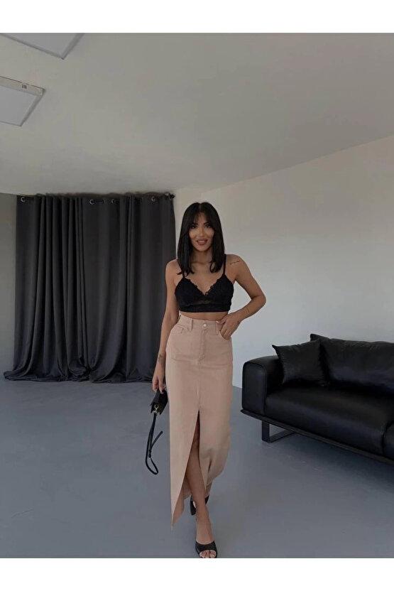 Kadın Gabardin Önden Yırtmaçlı Kahverengi Uzun Etek