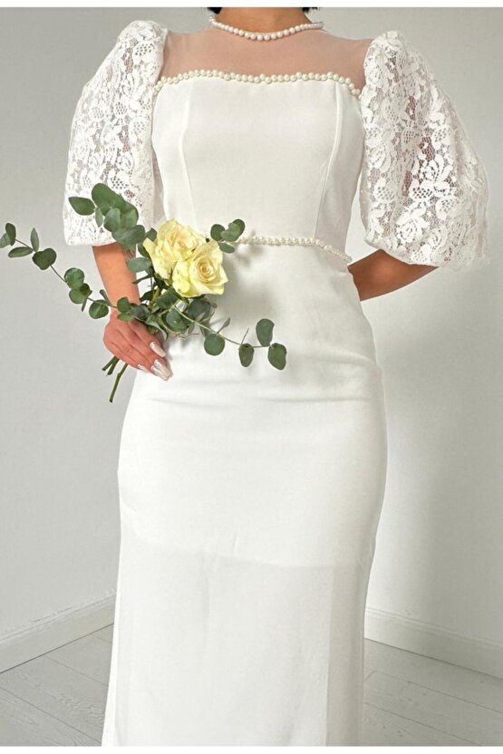 munn collection Beyaz İncili Tül Detay Elbise