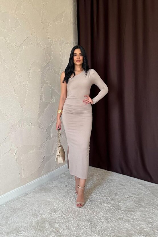 munn collection Bej Büzgü Detaylı Tek Omuz Elbise