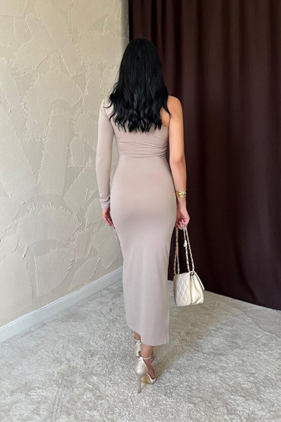 munn collection Bej Büzgü Detaylı Tek Omuz Elbise