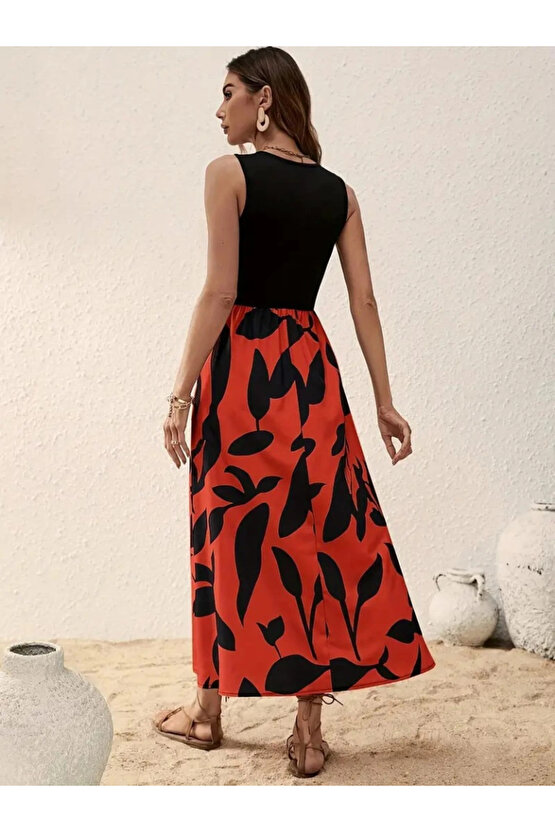 Kadın Askılı Yuvarlak Yaka üst Viskon Alt Desenli Uzun Süprem Elbise