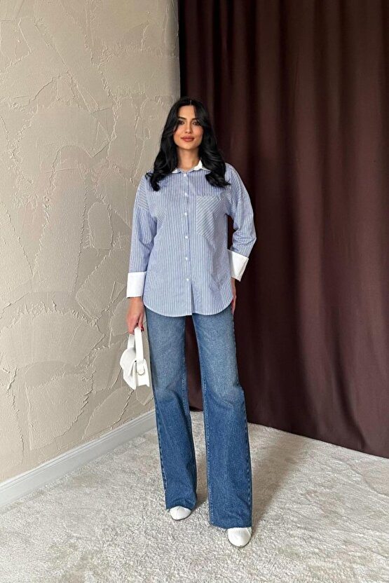 munn collection Mavi Çizgili Poplin Uzun Kol Gömlek