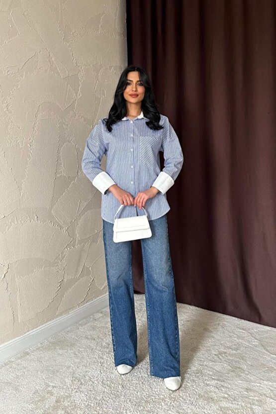 munn collection Mavi Çizgili Poplin Uzun Kol Gömlek