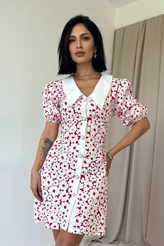 munn collection Fuşya Önlük Yakalı Poplin Elbise