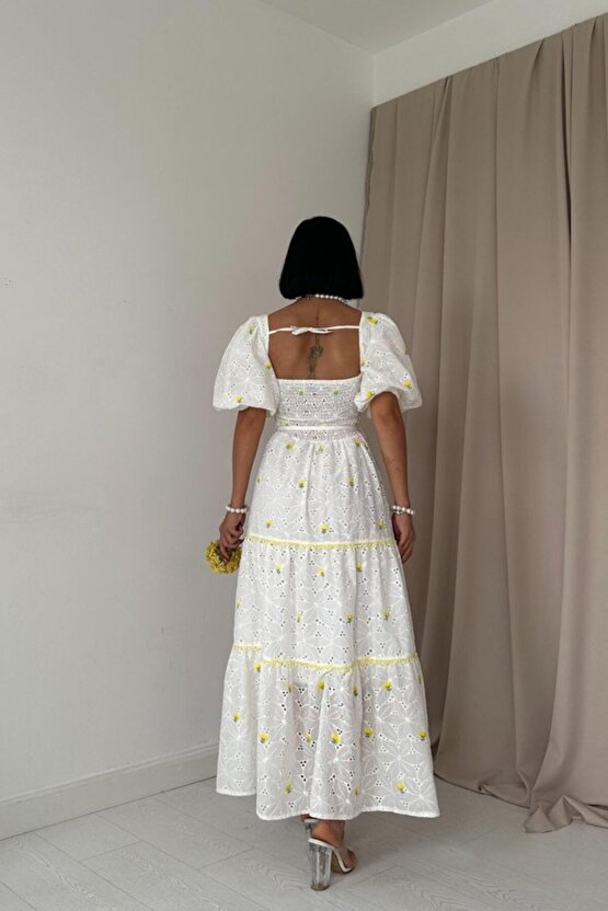 Sarı Dantel Detaylı Brode Elbise