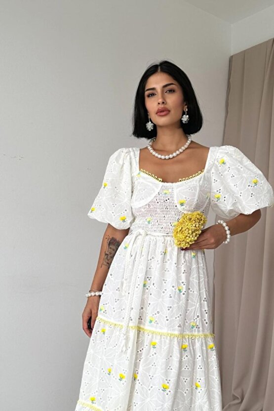 Sarı Dantel Detaylı Brode Elbise