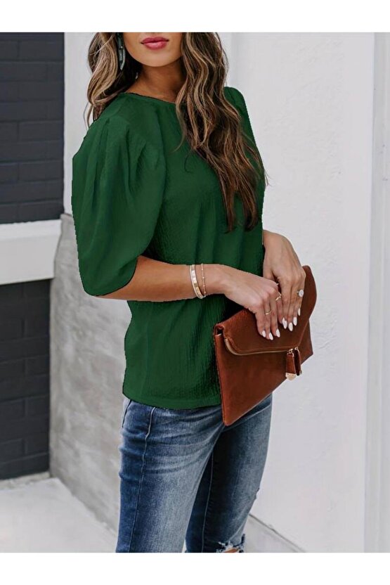 Kadın Kısa Kollu Pileli Balın Kol Bürümcük Bluz