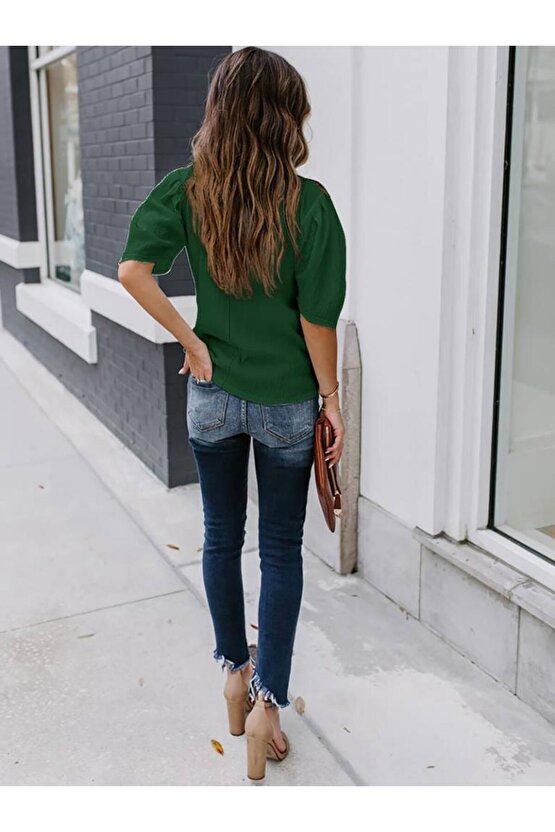 Kadın Kısa Kollu Pileli Balın Kol Bürümcük Bluz