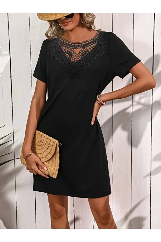 Kadın Kısa Kollu Dantel Yakalı Kısa Viskon Elbise