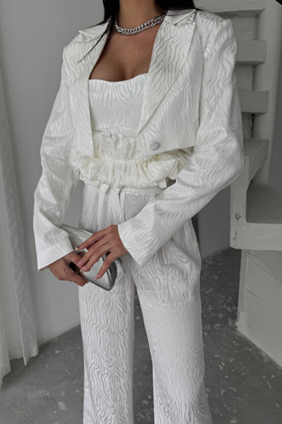 munn collection JAKARLI BLUZU TASARIM DETAYLI CEKET-PANTOLON-BLUZ 3 LÜ TAKIM - Beyaz