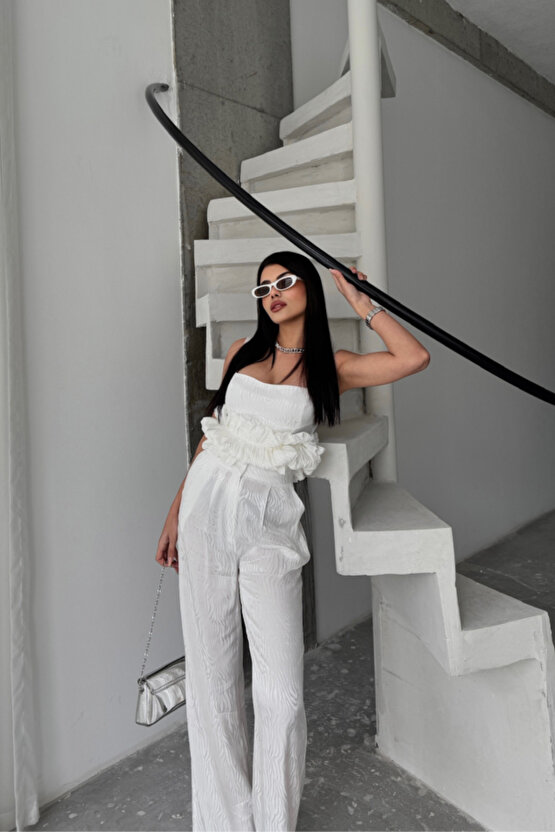 munn collection JAKARLI BLUZU TASARIM DETAYLI CEKET-PANTOLON-BLUZ 3 LÜ TAKIM - Beyaz