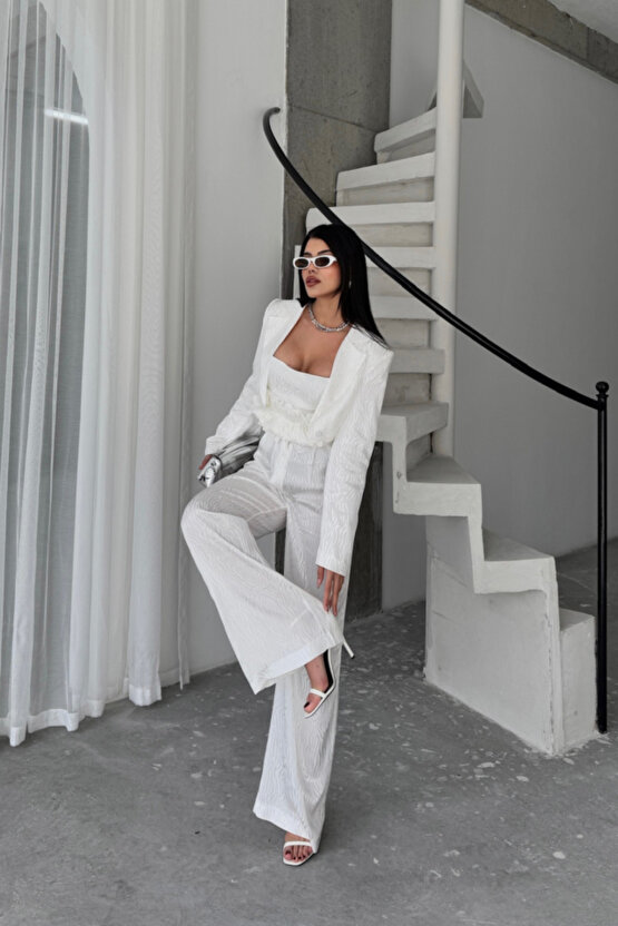 munn collection JAKARLI BLUZU TASARIM DETAYLI CEKET-PANTOLON-BLUZ 3 LÜ TAKIM - Beyaz