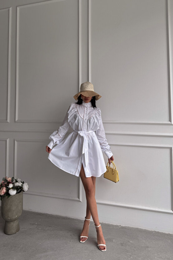 ÖNDEN DÜĞMELİ POPLİN KLOŞ ELBİSE BAĞLAMA KEMER DETAYLI - Beyaz