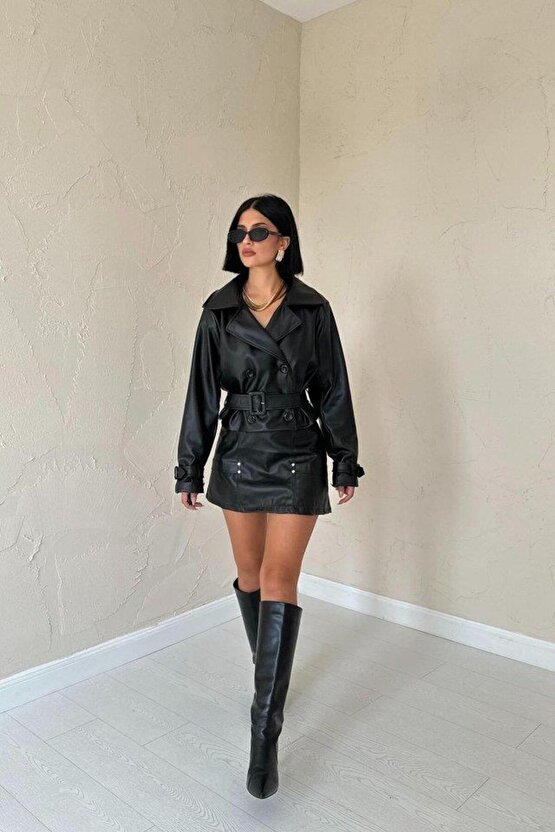 Siyah Kemerli Deri Ceket