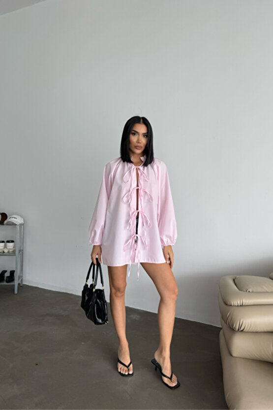 MyTerrax GÖMLEK POPLİN HAKİM YAKA ÖNDEN BAĞLAMA İP DETAYLI - Pembe