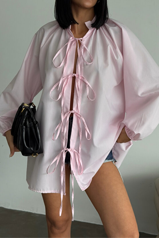 MyTerrax GÖMLEK POPLİN HAKİM YAKA ÖNDEN BAĞLAMA İP DETAYLI - Pembe