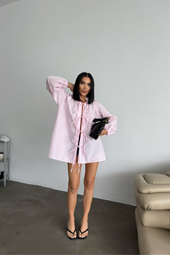 MyTerrax GÖMLEK POPLİN HAKİM YAKA ÖNDEN BAĞLAMA İP DETAYLI - Pembe