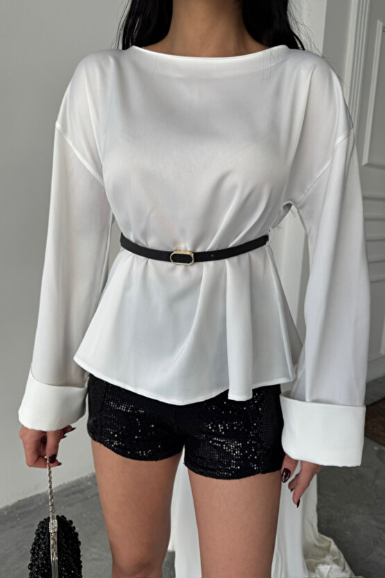 KEMER DETAYLI SATEN BLUZ - Beyaz -COLLECTION