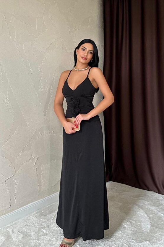 munn collection Siyah Büzgülü Uzun Güllü Elbise