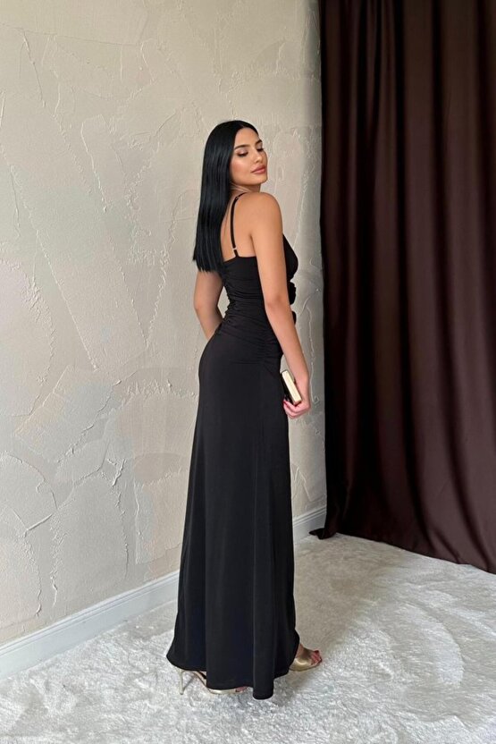 munn collection Siyah Büzgülü Uzun Güllü Elbise