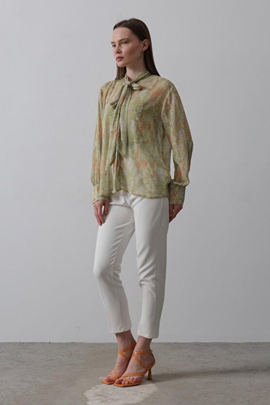 munn collection Yakası Fularlı Şifon Gömlek - Fıstık Yeşili