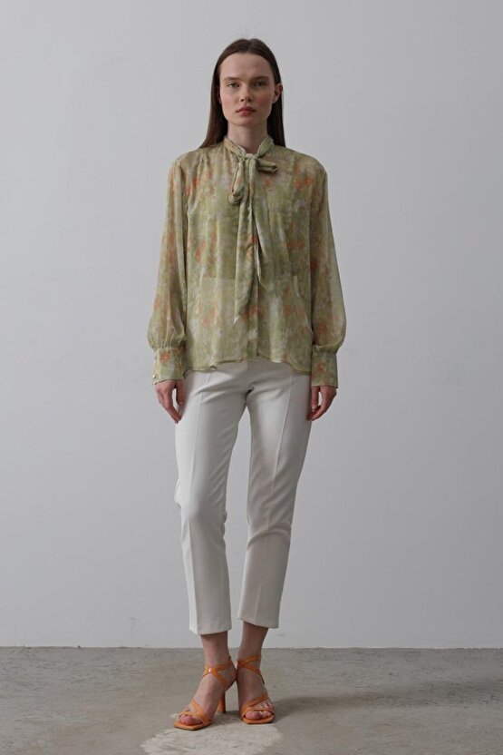 munn collection Yakası Fularlı Şifon Gömlek - Fıstık Yeşili