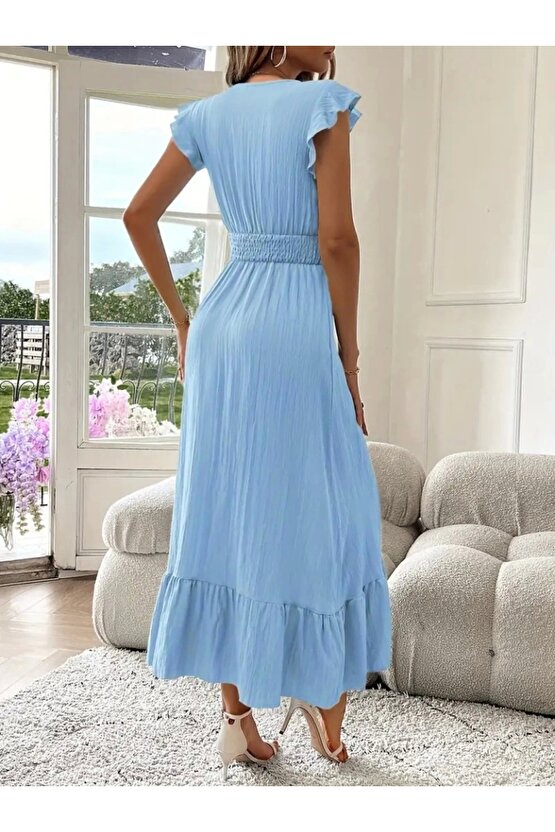 Kadın Kısa Kollu Kruvaze Yakalı Beli Lastikli Müslim Elbise