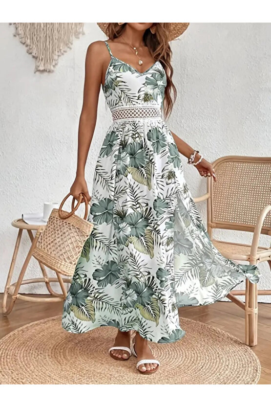 MDB Kadın Ip Askılı V Yakalı Bel Güpür çiçek Desenli Yandan Yırtmaçlı Maksi Süprem Elbise