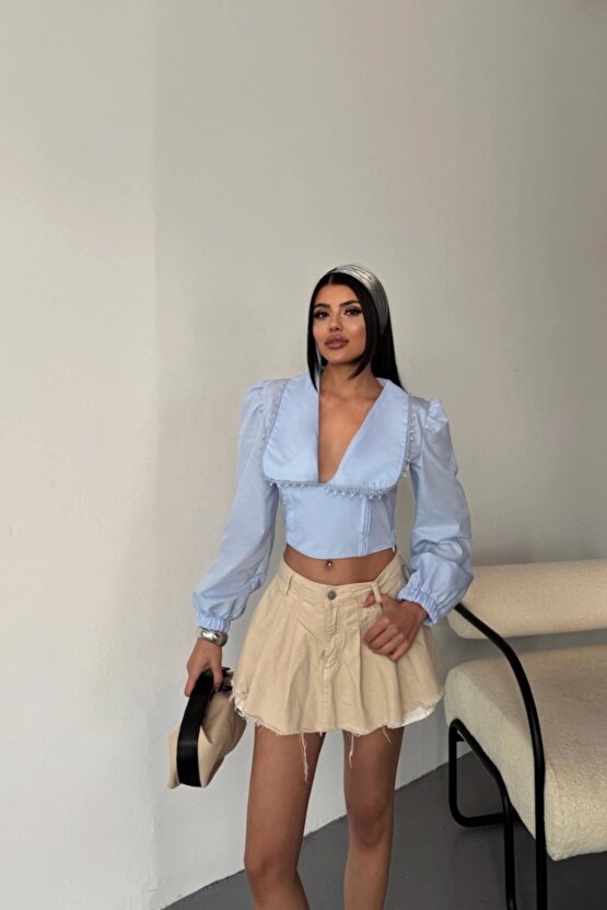 CROP POPLİN GÖMLEK YAKA KENAR DANTEL DETAYLI - Bebe Mavi