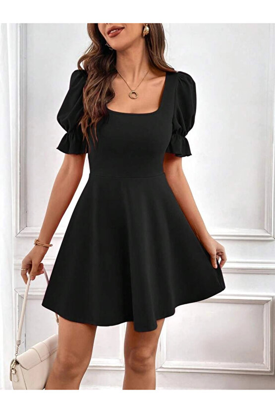 Kadın Kısa Kollu Kare Yakalı Kiloş Ithal Krep Elbise