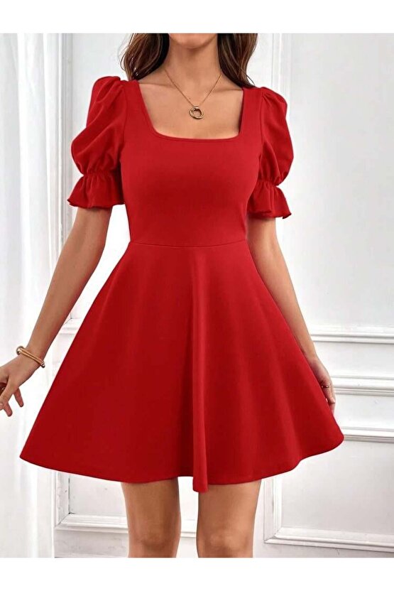 Kadın Kısa Kollu Kare Yakalı Kiloş Ithal Krep Elbise