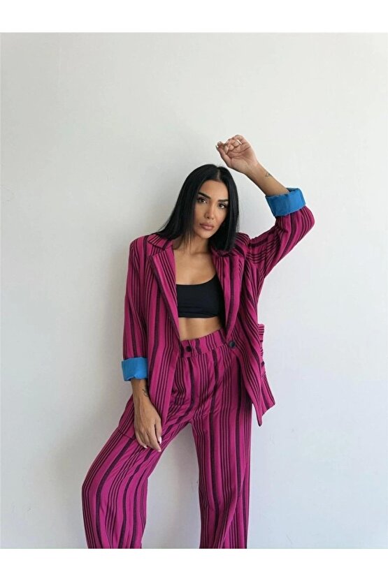 OTTOAN ÇİZGİİ CEKETPANTOON TK  Fuşya