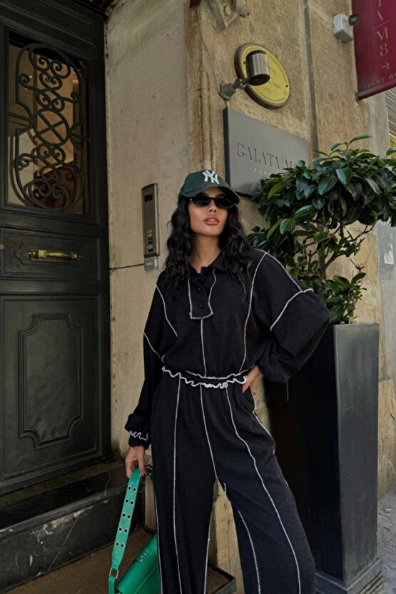 BİYELİ BLUZ PANTOLON TAKI ŞÖNİL KUAŞ iyah