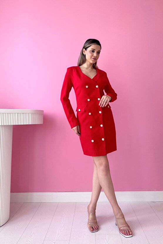 munn collection Kırmızı Gold Düğmeli Ceket Elbise