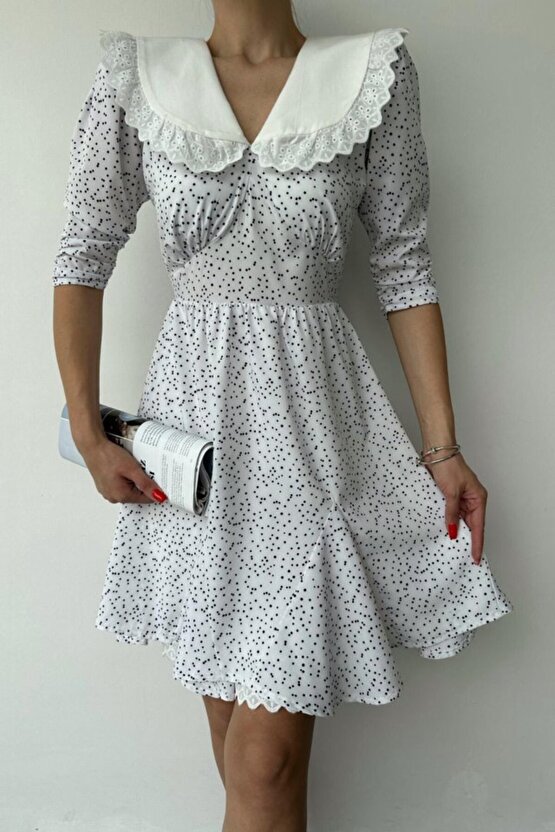 Beyaz Puantiyeli Önlük Yaka Elbise -COLLECTION