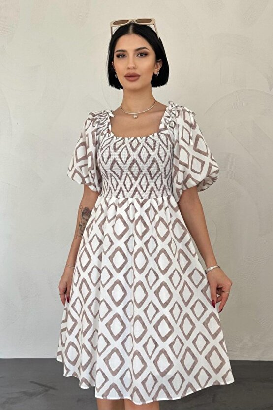 munn collection Vizon Kare Desenli Yazlık Elbise