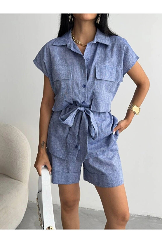 KETEN BAĞAAI KOSUZ GÖEK DUBE PAÇA ŞORT TAKI acivert