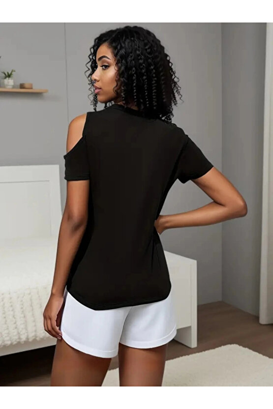 MDB Kadın Kısa Kollu Tek Omuzu Açık Damla Detaylı Viskon Bluz