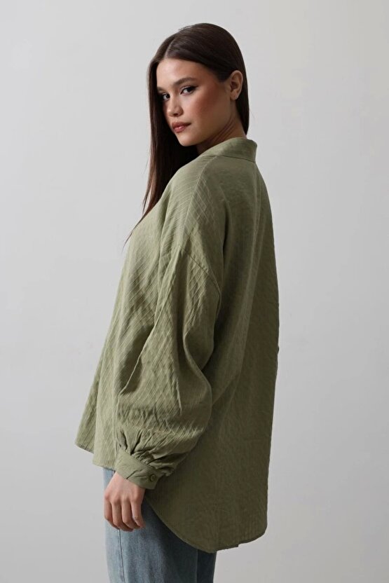 Çizgili Uzun Kol Gömlek Haki