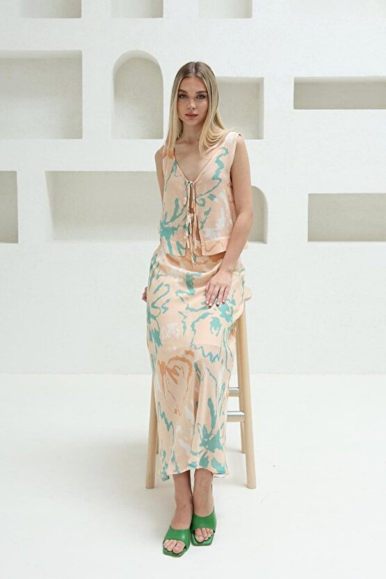 Sidelya Concept Bağcıklı Bluzlu Etek Takım - Pudra