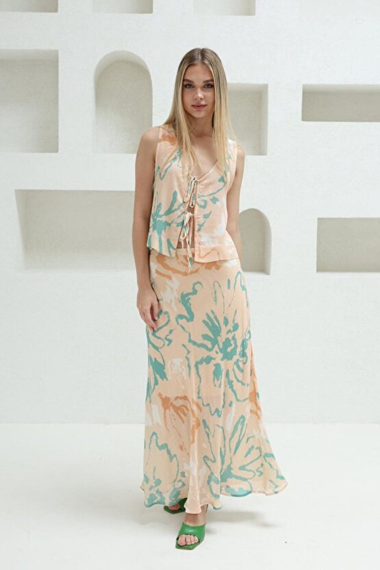 Sidelya Concept Bağcıklı Bluzlu Etek Takım - Pudra