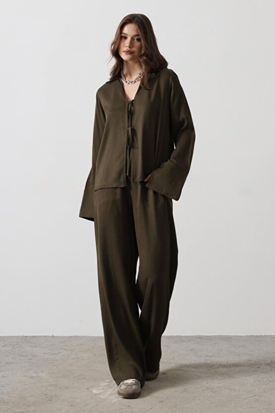 Önden Biyeli Bluz Ve Pantolon Takım - Haki