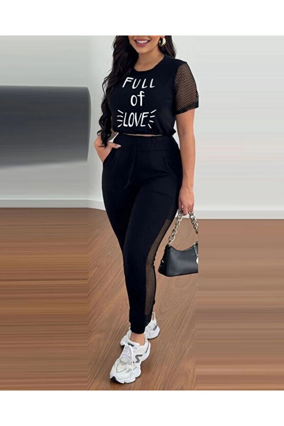 MDB Kadın Kısa Kollu Bisiklet Yaka File Detaylı Viskon Iki Iplik Krop Ve Eşofman Altı Ikili Takım