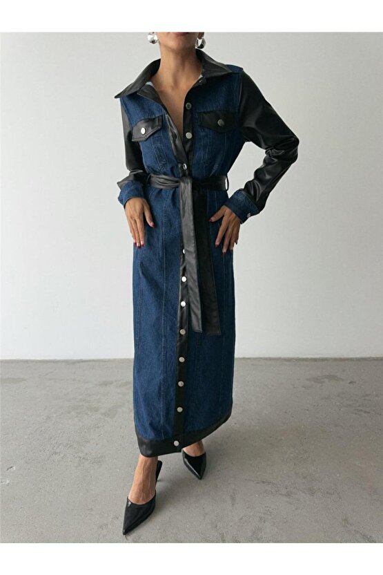 KOT ELBİSE UZUN ÖNDEN DÜĞMELİ - Mavi