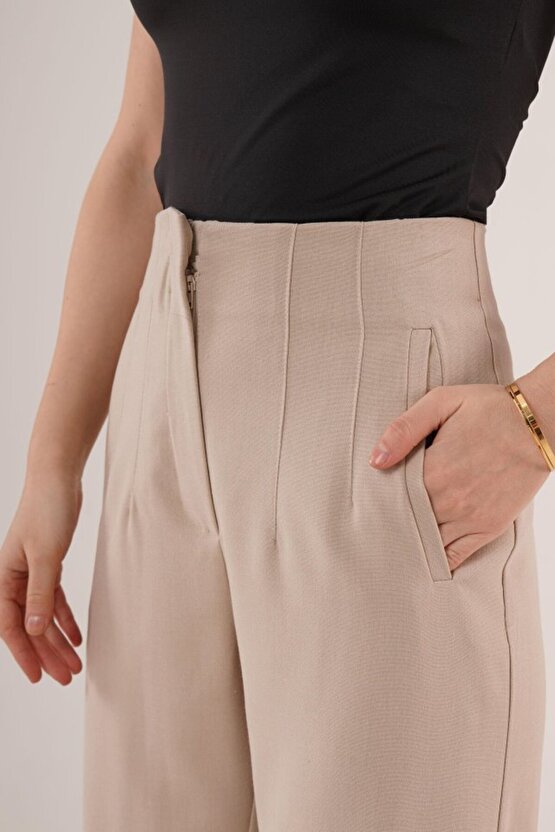 Çift Pens Detaylı Krem Pantolon