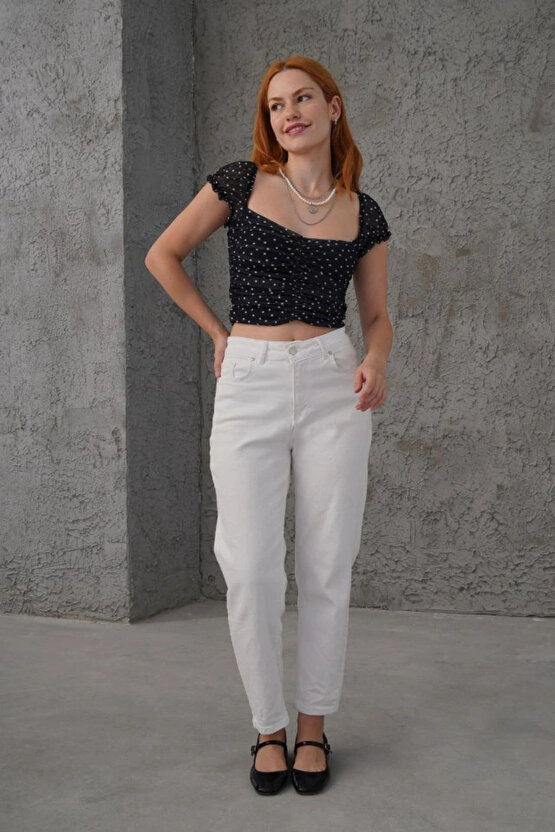 Puantiyeli Belden Oturtmalı Tül iyah Bluz