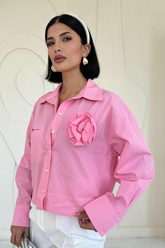 munn collection Pembe Fleto Cepli Poplin Gömlek